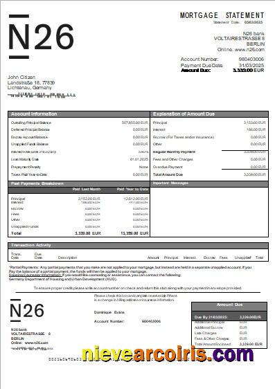 Germany N26 bank mortgage statement